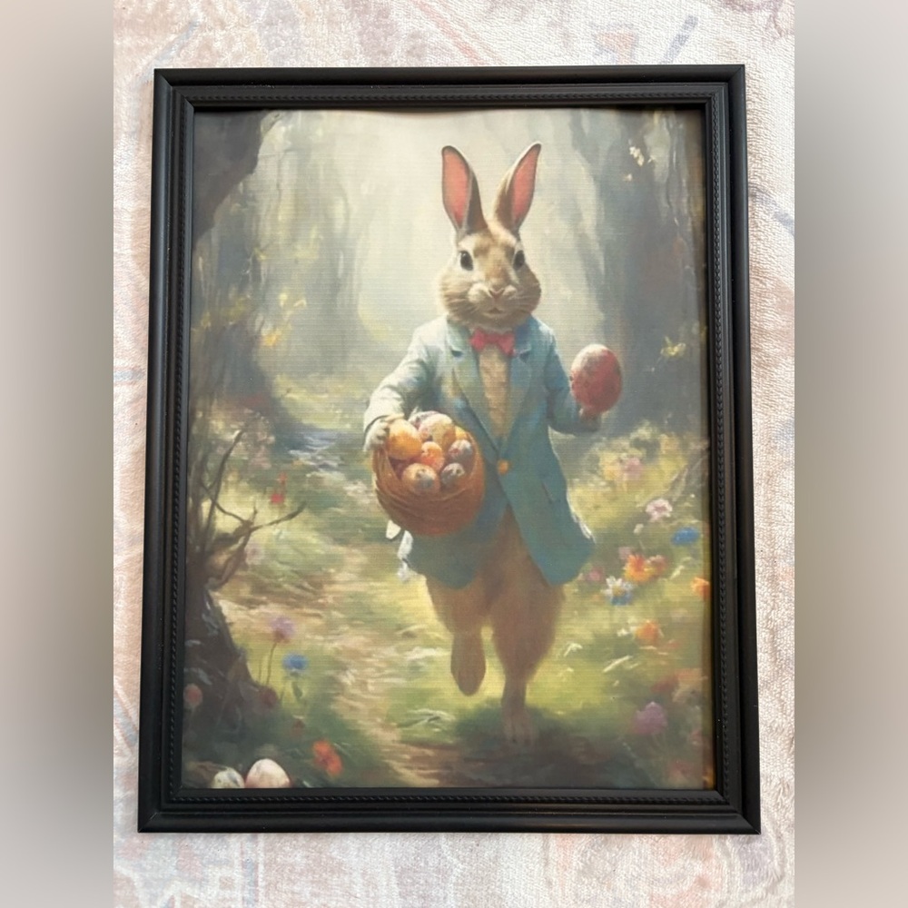 Vintage Easter Bunny Egg Hunt Canvas Art Print - Spring Framed 8x10 Decor